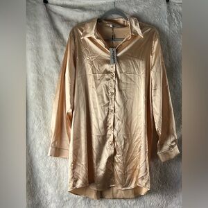 Zeagoo Champagne Satin Button-Down Tonic Blouse (New W/ Tags)